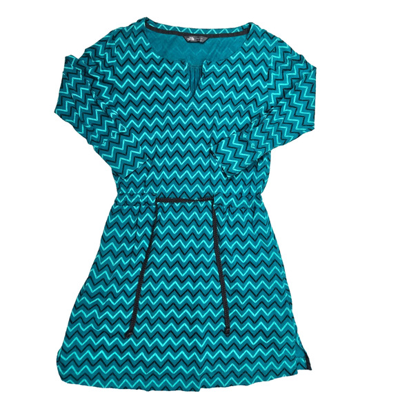 The North Face Dress Women's Medium Belted Blue Zig Zag Midi Long Sleeve - Picture 1 of 5